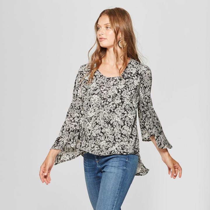 Women's Floral Print Long Bell Sleeve Blouse - Spenser Jeremy - Black