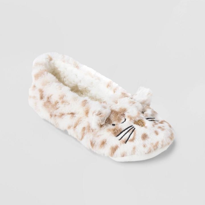 No Brand Women's Leopard Faux Fur Pull-on Slipper Socks With Grippers - Ivory/tan