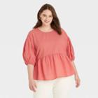 Women's Plus Size Puff 3/4 Sleeve Top - A New Day Coral Pink