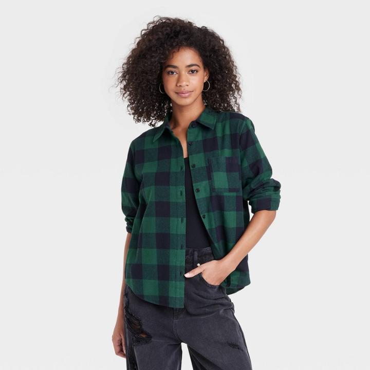 Women's Betty Boop Long Sleeve Checkered Graphic Button-down Shirt Flannel - Green