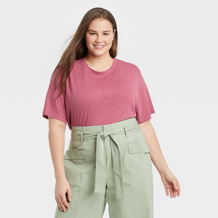 Women's Plus Size Short Sleeve Linen T-shirt - A New Day Dark Pink