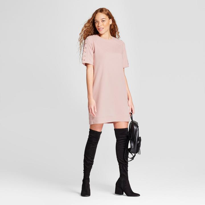 Women's French Terry Lace-up Sleeve Shift Dress - Alison Andrews Pink