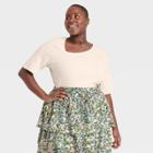 Women's Plus Size Elbow Sleeve Asymmetrical Neck T-shirt - Who What Wear Cream