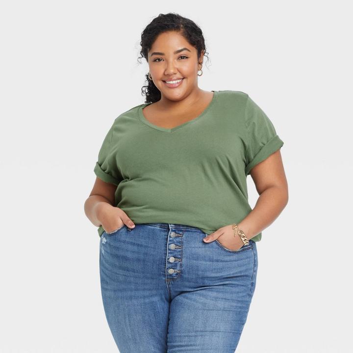 Women's Plus Size Short Sleeve V-neck Jersey T-shirt - Ava & Viv Olive Green