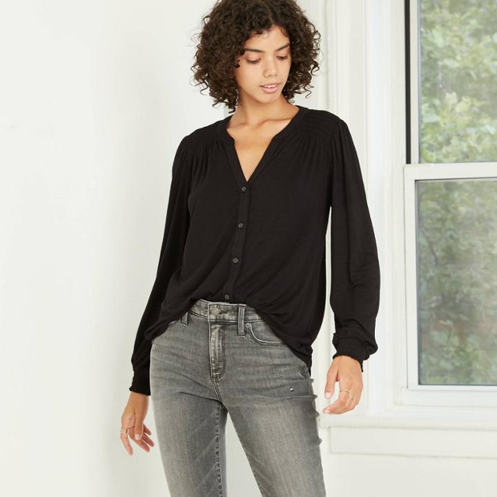 Women's Bishop Long Sleeve Knit Button-front Top - Knox Rose Black