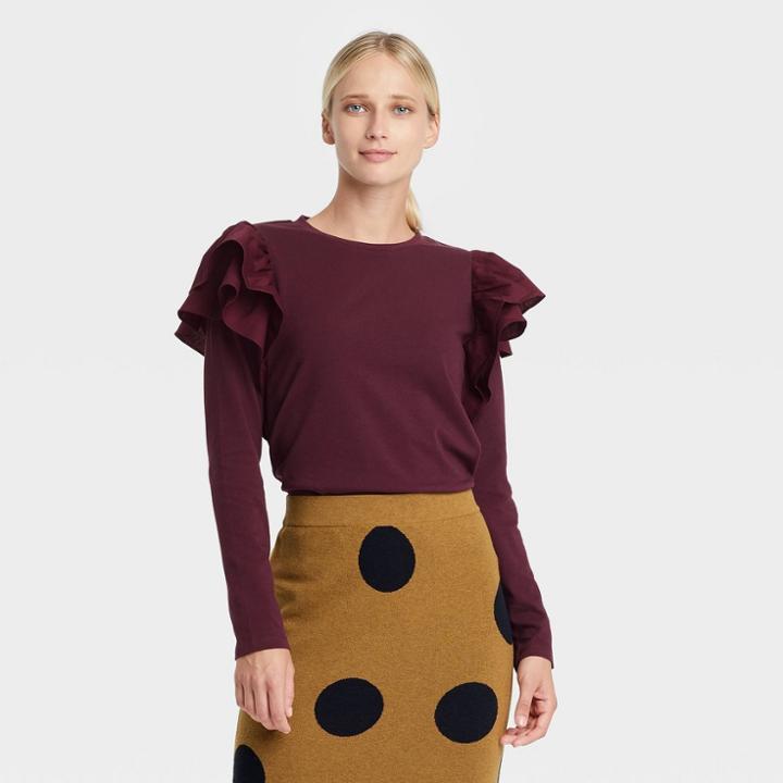 Women's Ruffle Long Sleeve Knit Top - Who What Wear Wine Red