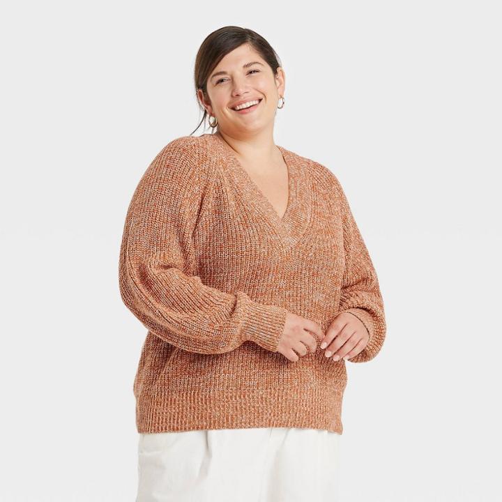 Women's Plus Size V-neck Pullover Sweater - A New Day Rust