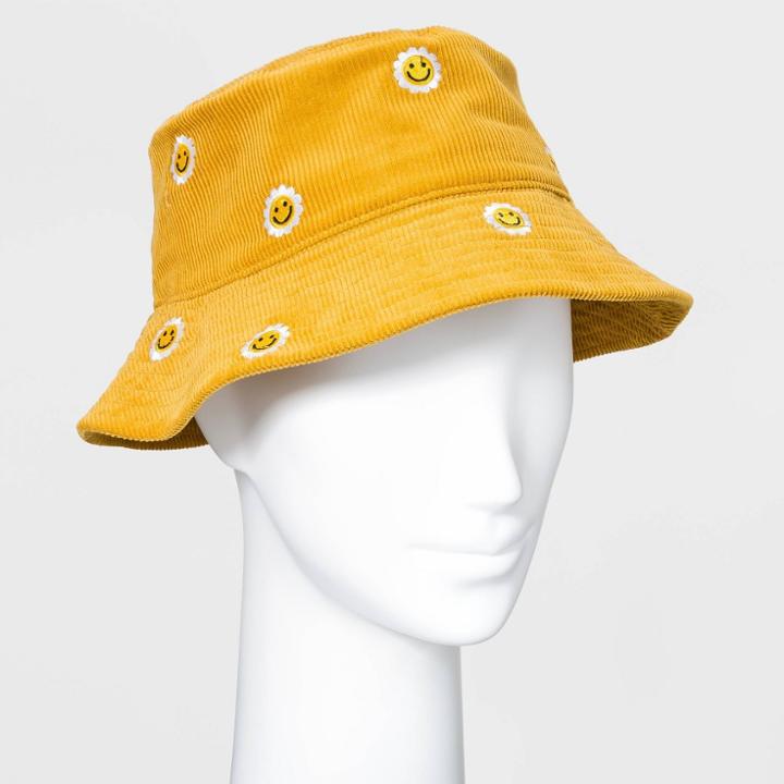Mighty Fine Women's Embroidered Smiley Face Corduroy Bucket Hat - Camel
