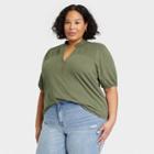 Women's Plus Size Smocked 3/4 Sleeve Henley Shirt - Knox Rose Olive Green