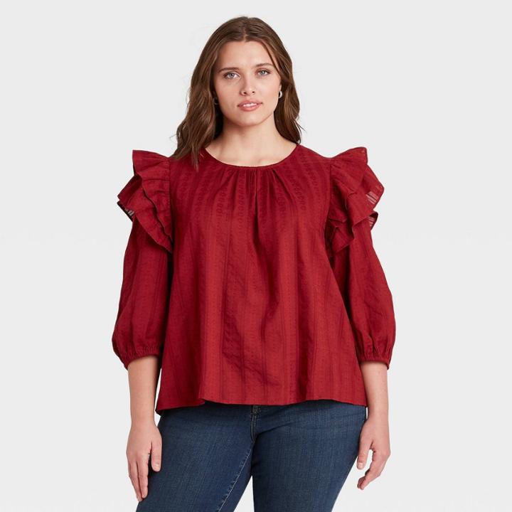 Women's Plus Size Double Ruffle 3/4 Sleeve Blouse - Universal Thread Red