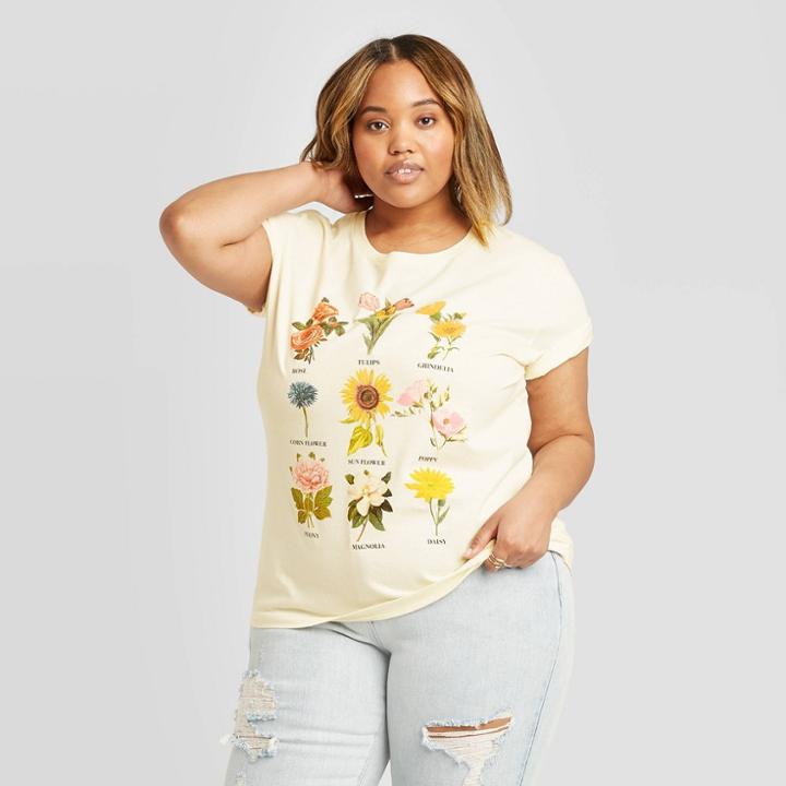Women's Plus Size Botanical Flowers Short Sleeve T-shirt - Fifth Sun (juniors') - Beige 1x, Women's,