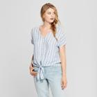 Women's Striped Short Sleeve Tie Front - Universal Thread Blue