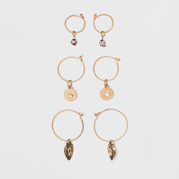 Graduated Wire Hoops With Charm And Chain Earring Set 3 Ct - Universal Thread,