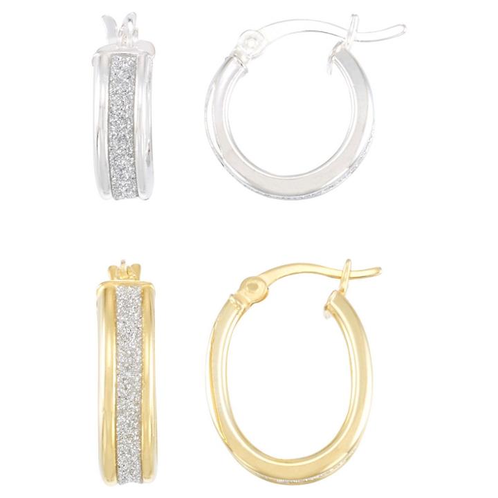 Target 18kt Gold And Platinum Over Sterling Silver 2 Small Glitter Hoop Set-yellow Gold And Platinum, Girl's,