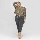 Women's Camo Print Plus Size Cropped Crewneck Lounge Sweatshirt - Colsie Green