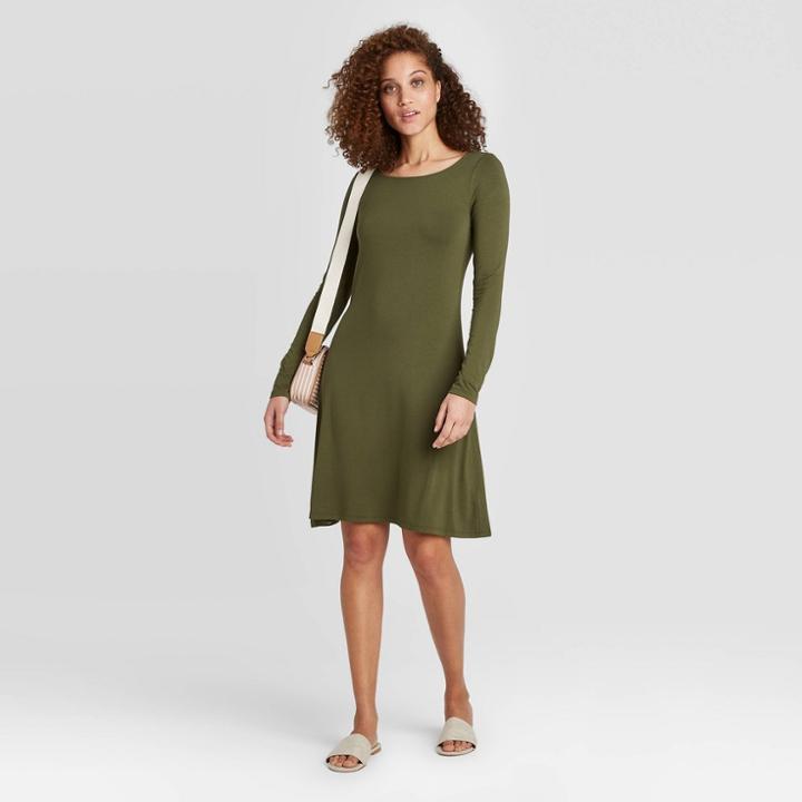 Women's Regular Fit Long Sleeve Round Neck Knit Dress - A New Day Green
