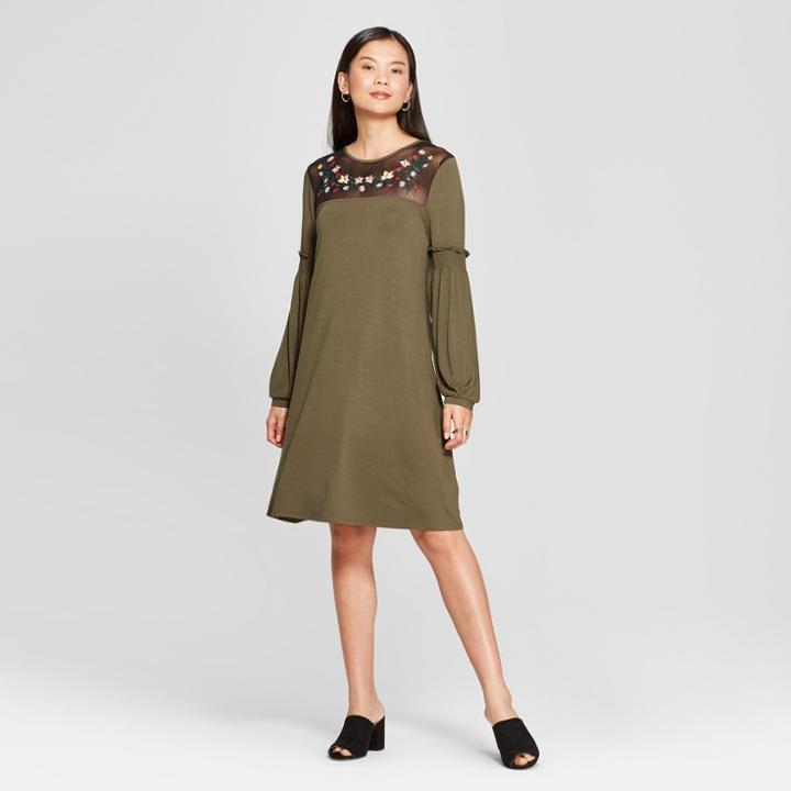 Women's Embroidered Yoke Knit Shift Dress - Spenser Jeremy - Olive
