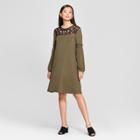 Women's Embroidered Yoke Knit Shift Dress - Spenser Jeremy - Olive