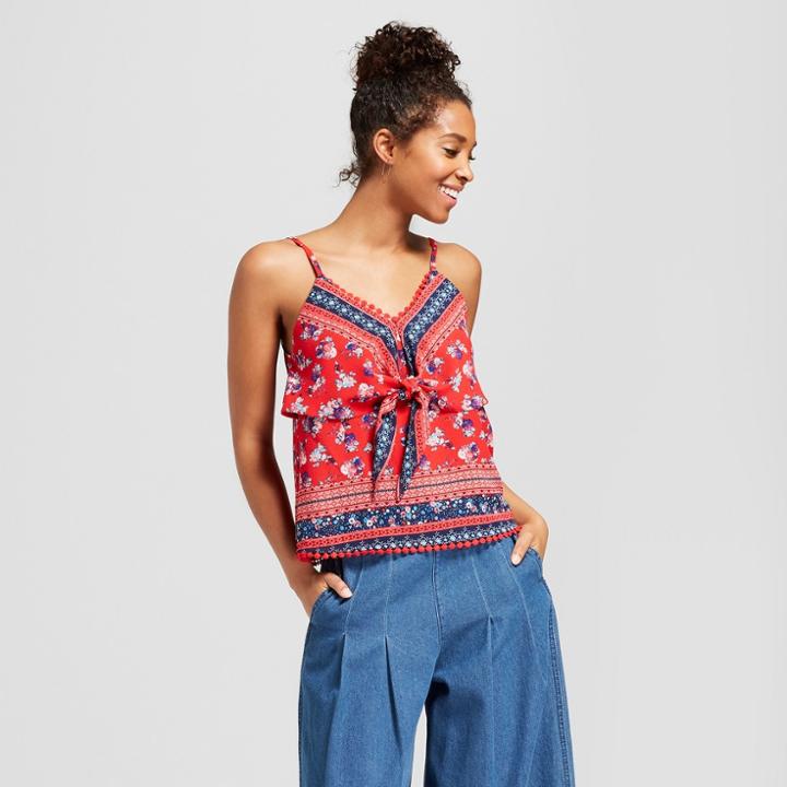 Women's Floral Print Border Tie Front Cami Tank - Almost Famous (juniors') Red