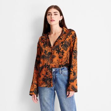 Women's Long Sleeve Satin Blouse - Future Collective With Kahlana Barfield Brown Brown/black Palm Print Xxs