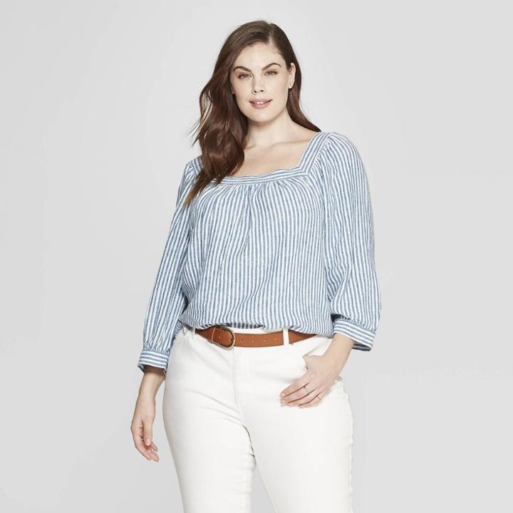 Women's Plus Size Striped Long Sleeve Square Neck Top - Universal Thread Blue