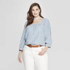Women's Plus Size Striped Long Sleeve Square Neck Top - Universal Thread Blue