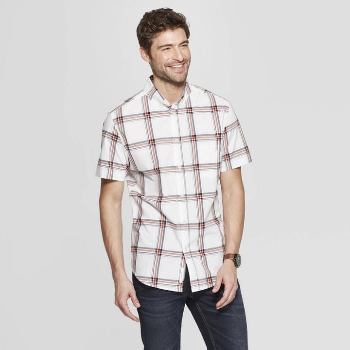 Men's Checkered Slim Fit Short Sleeve Poplin Button-down Shirt - Goodfellow & Co White