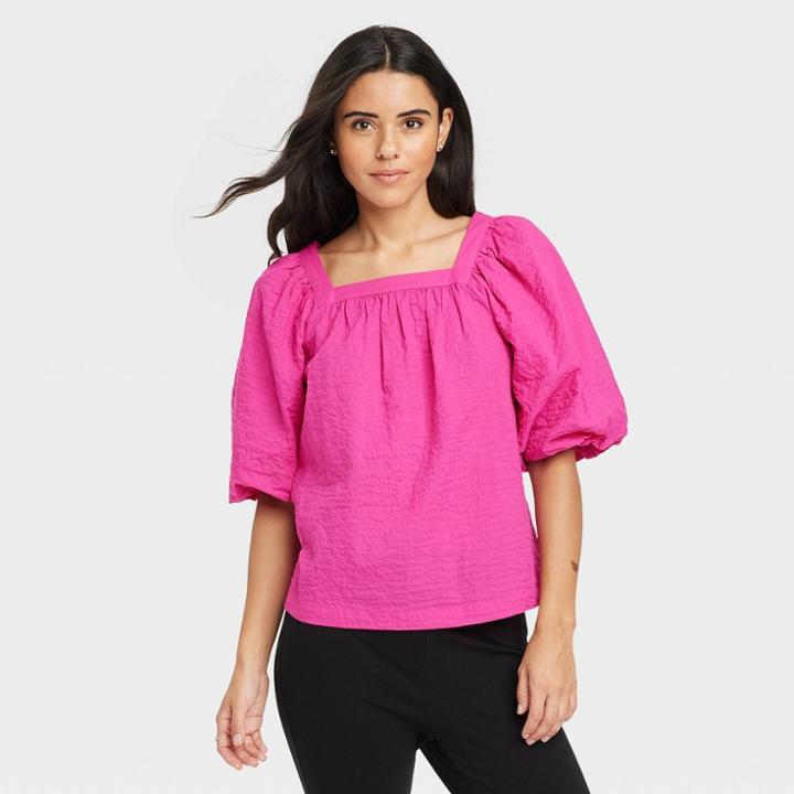 Women's Puff Short Sleeve Top - A New Day Magenta