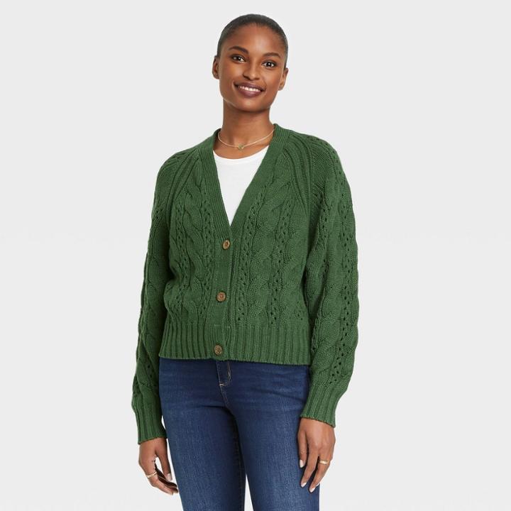 Women's Button-front Cable Stitch Cardigan - Universal Thread Green