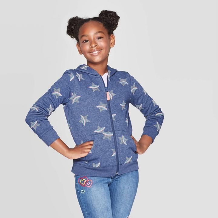 Girls' Long Sleeve Star Print Hoodie - Cat & Jack Navy S, Girl's, Size: