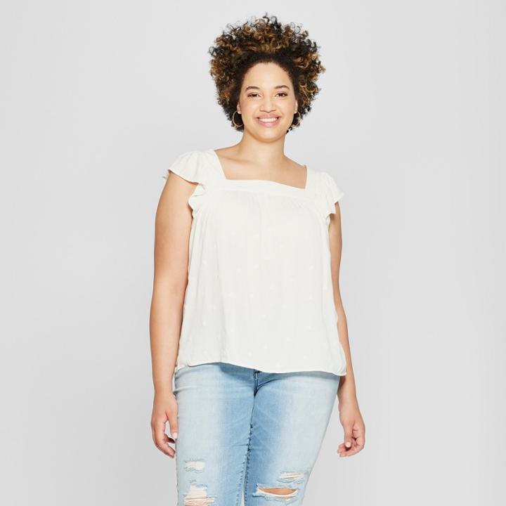 Women's Plus Size Floral Print Square Neck Ruffle Tank - Universal Thread White