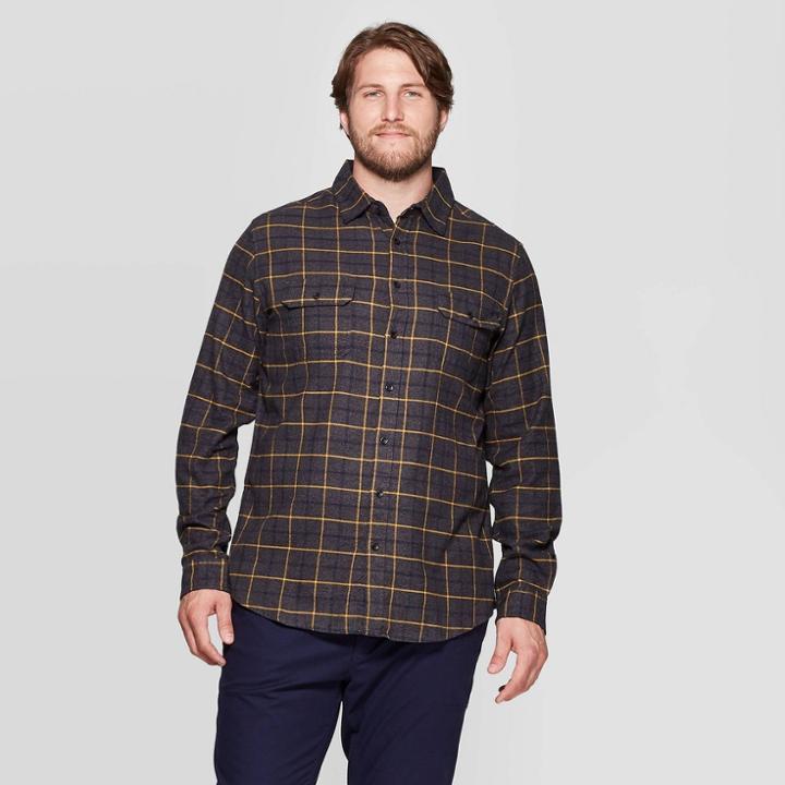 Men's Plaid Big & Tall Long Sleeve 2-pocket Flannel Button-down Shirt - Goodfellow & Co Thundering Gray