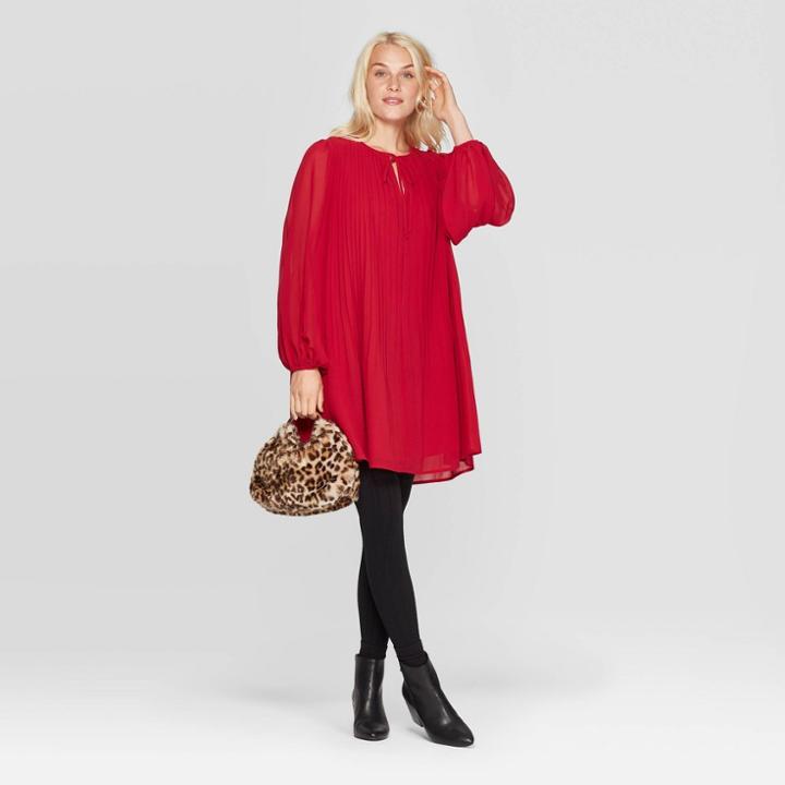 Women's Bishop Long Sleeve Crewneck Pleated Shift Dress - A New Day Red S, Women's,