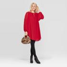 Women's Bishop Long Sleeve Crewneck Pleated Shift Dress - A New Day Red S, Women's,