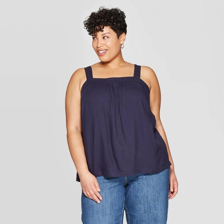 Women's Plus Size Square Neck Tank Top - Ava & Viv Navy (blue)
