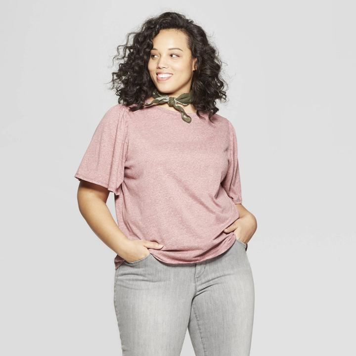 Women's Plus Size Short Flutter Sleeve Crew Neck Top - Universal Thread Pink