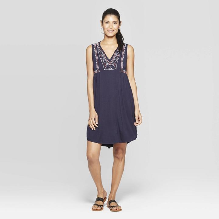 Women's Sleeveless V-neck Shift Dress With Embroidery - Knox Rose Navy