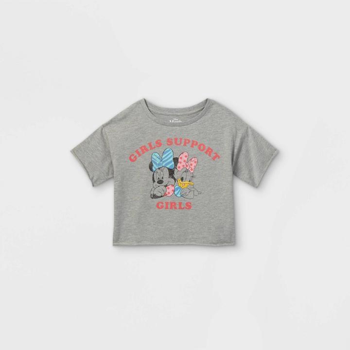 Girls' Disney Mickey Mouse & Friends 'girls Support Girls' Short Sleeve Cropped T-shirt - Gray
