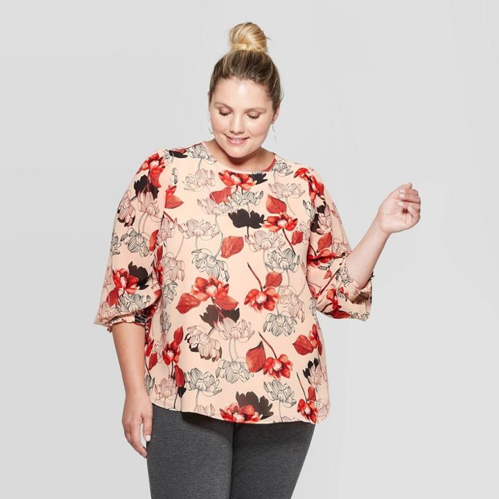 Women's Plus Size Floral Print Long Sleeve Crewneck Smocked Top - Ava & Viv 2x, Size: