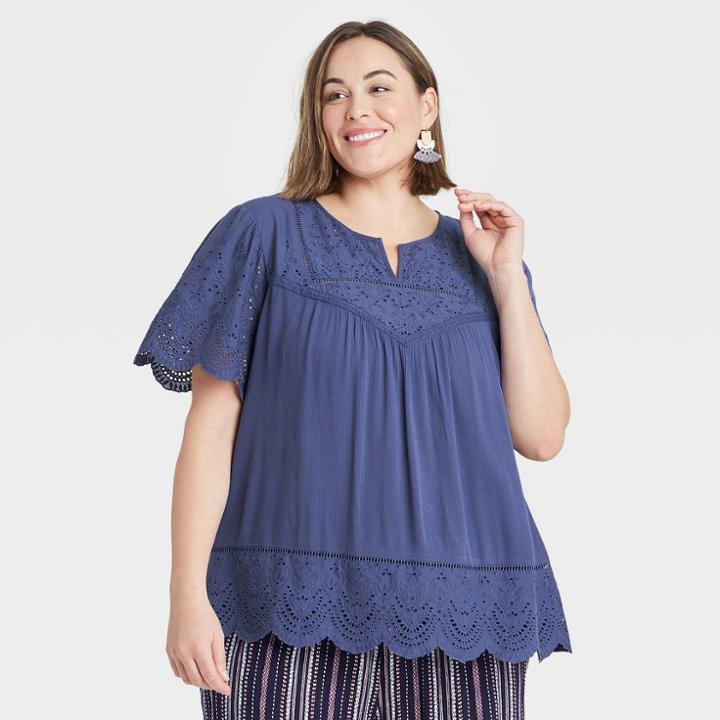 Women's Plus Size Short Sleeve Eyelet Top - Knox Rose Navy
