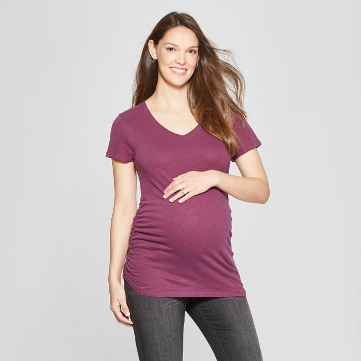 Maternity Short Sleeve Core Side Shirred V-neck Tee - Isabel Maternity By Ingrid & Isabel Berry Heather