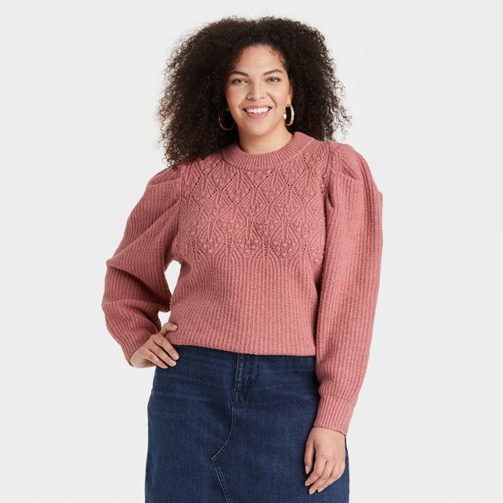 Women's Plus Size Puff Sleeve Crewneck Pullover Sweater - A New Day Pink