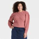 Women's Plus Size Puff Sleeve Crewneck Pullover Sweater - A New Day Pink