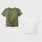 Girls' Short Sleeve Tie Front 2pk T-shirt - Art Class Olive/white