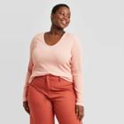 Women's Plus Size Long Sleeve V-neck Pointelle T-shirt - Universal Thread Coral