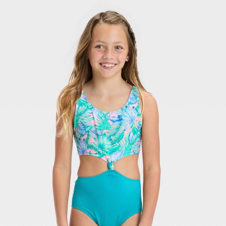 Girls' Floral Printed Tropical Twist Swimsuit - Art Class