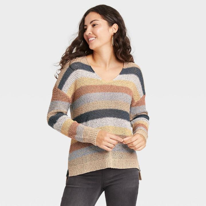 Women's V-neck Pullover Sweater - Knox Rose Light Brown Multi