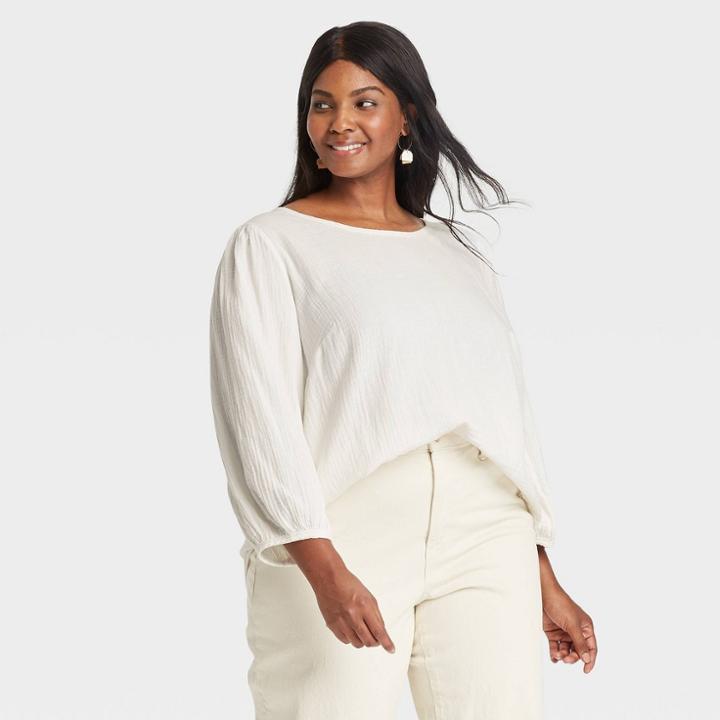 Women's Plus Size Balloon 3/4 Sleeve Gauze Blouse - Universal Thread White