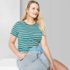 Target Women's Plus Size Striped Short Sleeve Round Neck Lettuce Edge Baby T-shirt - Wild Fable Teal/ivory