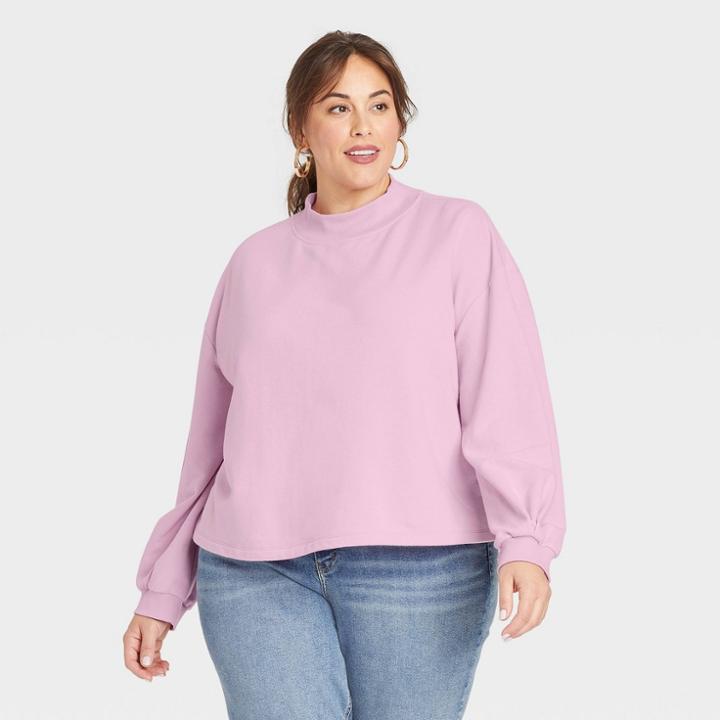 Women's Plus Size Long Sleeve Fleece Cropped Mock Turtleneck Pullover Shirt - Ava & Viv